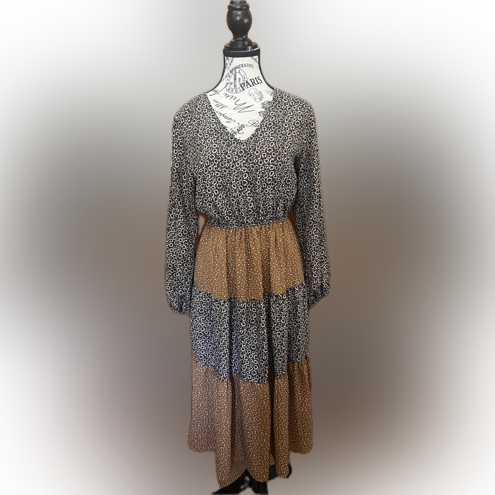 Bohme Black and White Tiered Bishop Sleeve Dress